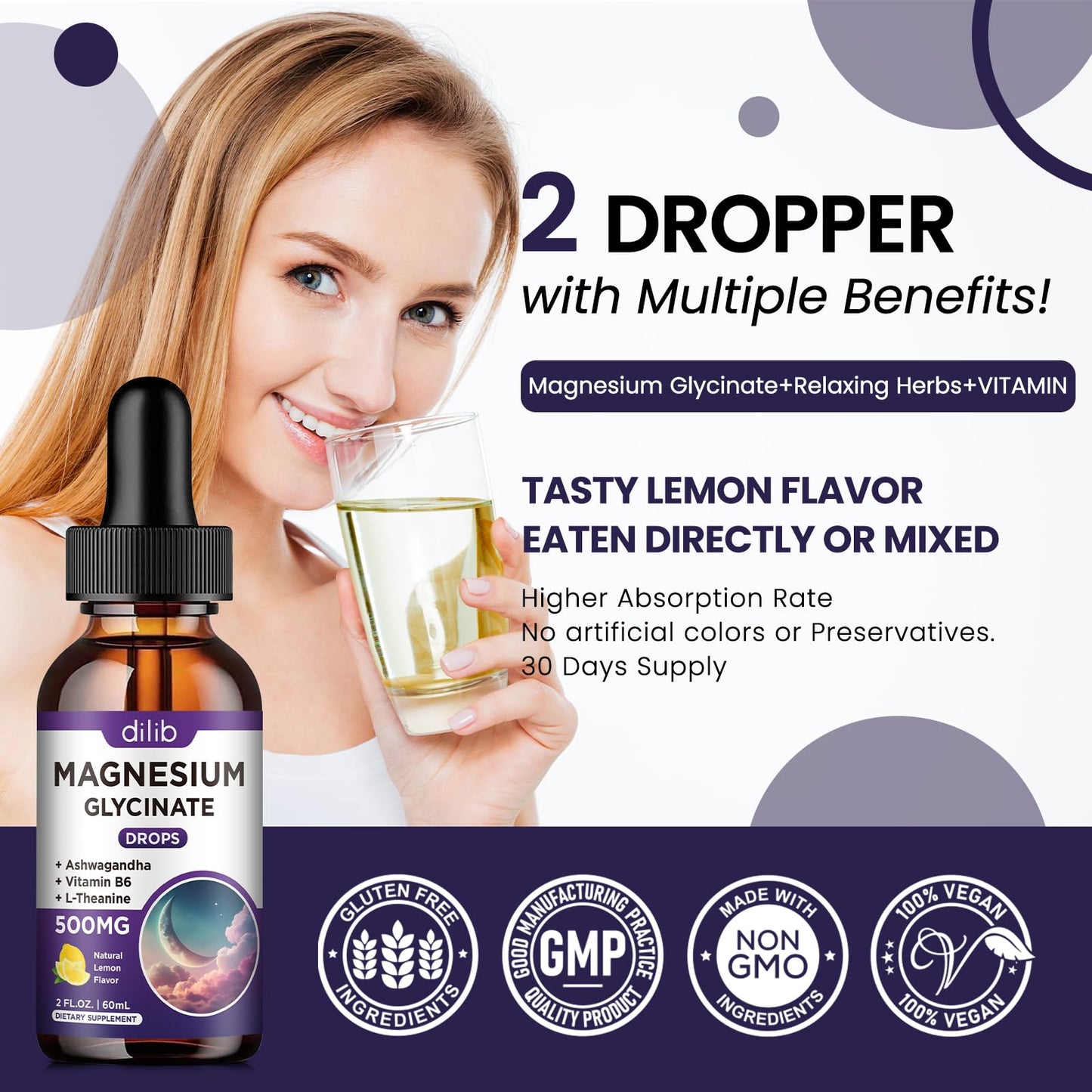Magnesium Glycinate Supplement, Magnesium Liquid Drops with Magnesium Glycinate 500mg Vitamin B6, Ashwagandha, L - Theanine, Chamomile