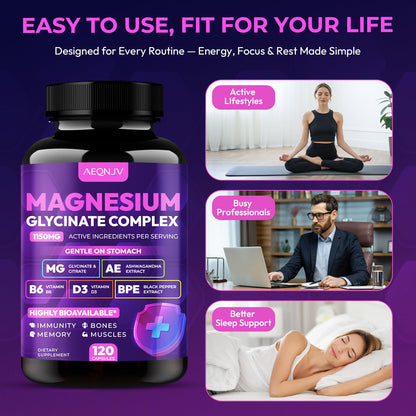 Magnesium Glycinate Complex 1150mg - Gentle on Stomach High Absorption Magnesium Capsules with Citrate, Silica, Ashwagandha & Vitamin B6 for Zzz, Stress Relief, Muscle Support for Adults, Women & Men AEQNJVBuy Supplements Australia