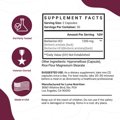 Luma Nutrition Berberine Supplement - Berberine 1200mg Per Serving - Berberine HCI Luma NutritionBuy Supplements Australia