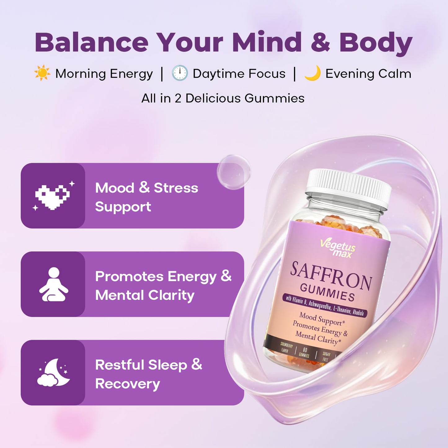 Saffron Supplements Gummies, 88.5mg Pure Saffron Extract with Ashwagandha L-Theanine Rhodiola Rosemary Magnesium Vitamin B6 B12 for Mood Focus Support Adults Kids - 60 Count VEGETUSMAXBuy Supplements Australia