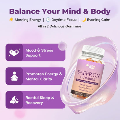 Saffron Supplements Gummies, 88.5mg Pure Saffron Extract with Ashwagandha L-Theanine Rhodiola Rosemary Magnesium Vitamin B6 B12 for Mood Focus Support Adults Kids - 60 Count VEGETUSMAXBuy Supplements Australia