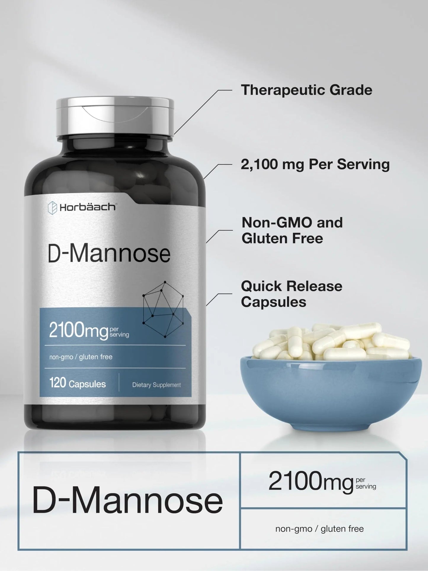 Horbäach D-Mannose Supplement 2100mg | 120 Capsules | Pills for Women and Men | Non-GMO & Gluten Free HorbäachBuy Supplements Australia