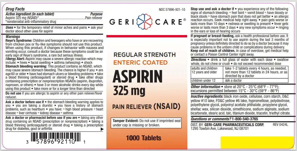 GeriCare Enteric Coated Aspirin Tablets 325mg (1000 Count) NSAID Pain Reliever & Fever Reducer for Adults- Regular Strength Aspirin for Headache Arthritis Menstrual & Muscle Pain GeriCareBuy Supplements Australia