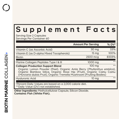 Codeage Biotin Marine Collagen Peptides - Wild-Caught Marine Collagen Types I & III, Biotin, Vitamins C & E, Hyaluronic Acid, Amino Acids, Fruit and Herb Blend, Non-GMO - 120 Capsules CodeageBuy Supplements Australia