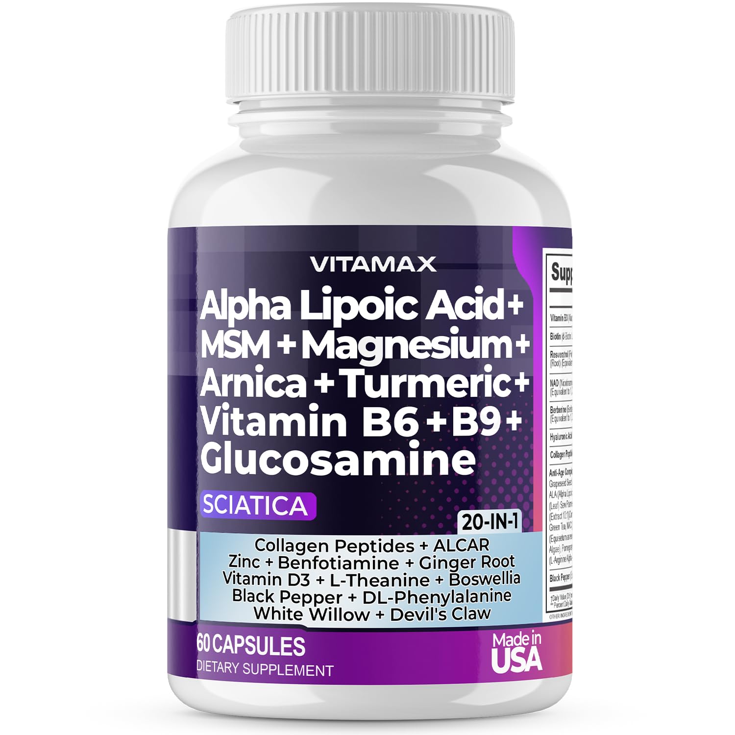 Sciatic Nerve Health Support - Sciatic Nerve Supplement Capsules with Folic Acid, Pea, Glucosamine, MSM, Vitamin B Complex, Alpha Lipoic Acid 300mg – 60ct – Made in USA VitamaxBuy Supplements Australia
