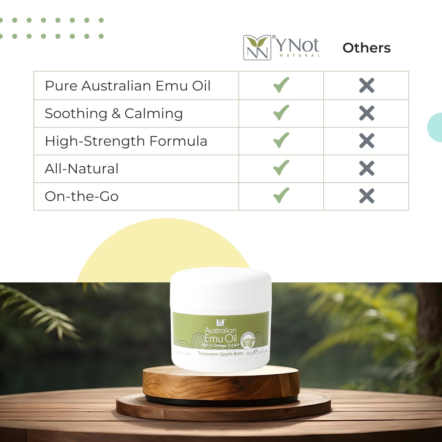 Y Not Natural Transwarm Sports Balm with Pure Emu Oil, Vitamins A, D, E, F & K2, Omega 3 6 9, & Tea Tree Oil Essential Oils - 50g Rub for Joint, Back, Muscle Stiffness & Soothing Itch Relief Y Not NaturalBuy Supplements Australia