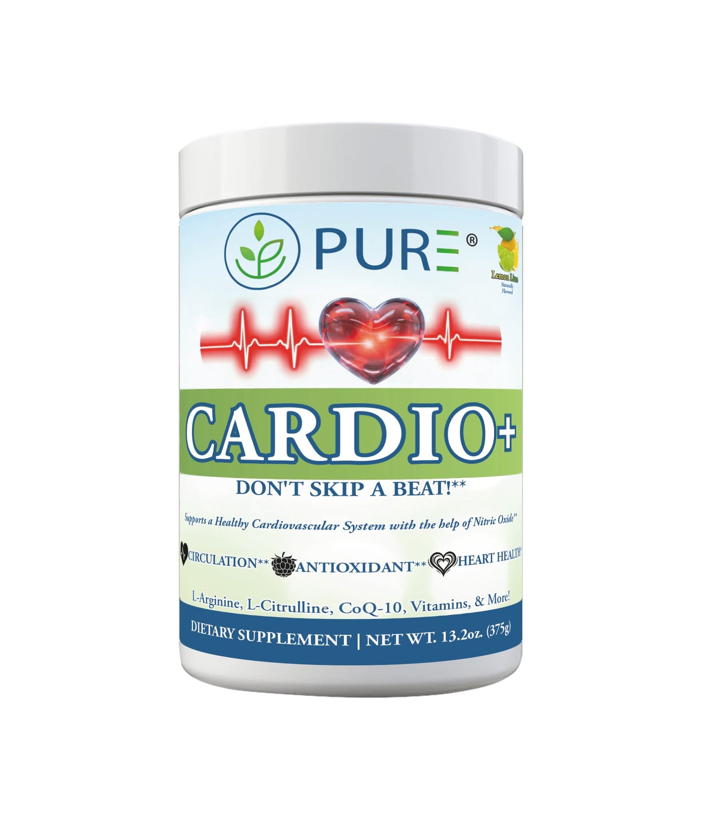 PURE® Cardio+ Nitric Oxide Heart & Circulation Support - 5000mg L-Arginine & 1000mg L-Citrulline - Lemon Lime, 30 Servings Powder, 375 Grams - CoQ10 Beet Root - High Potency Cardiovascular Formula PUREBuy Supplements Australia