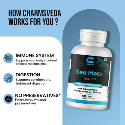CHARMSVEDA Sea Moss Capsules with Ashwagandha, Bladderwrack & Burdock – Overall Wellness & Immune Support, Support Digestive & Gut Health* – 60 Vegan Capsules CHARMSVEDABuy Supplements Australia