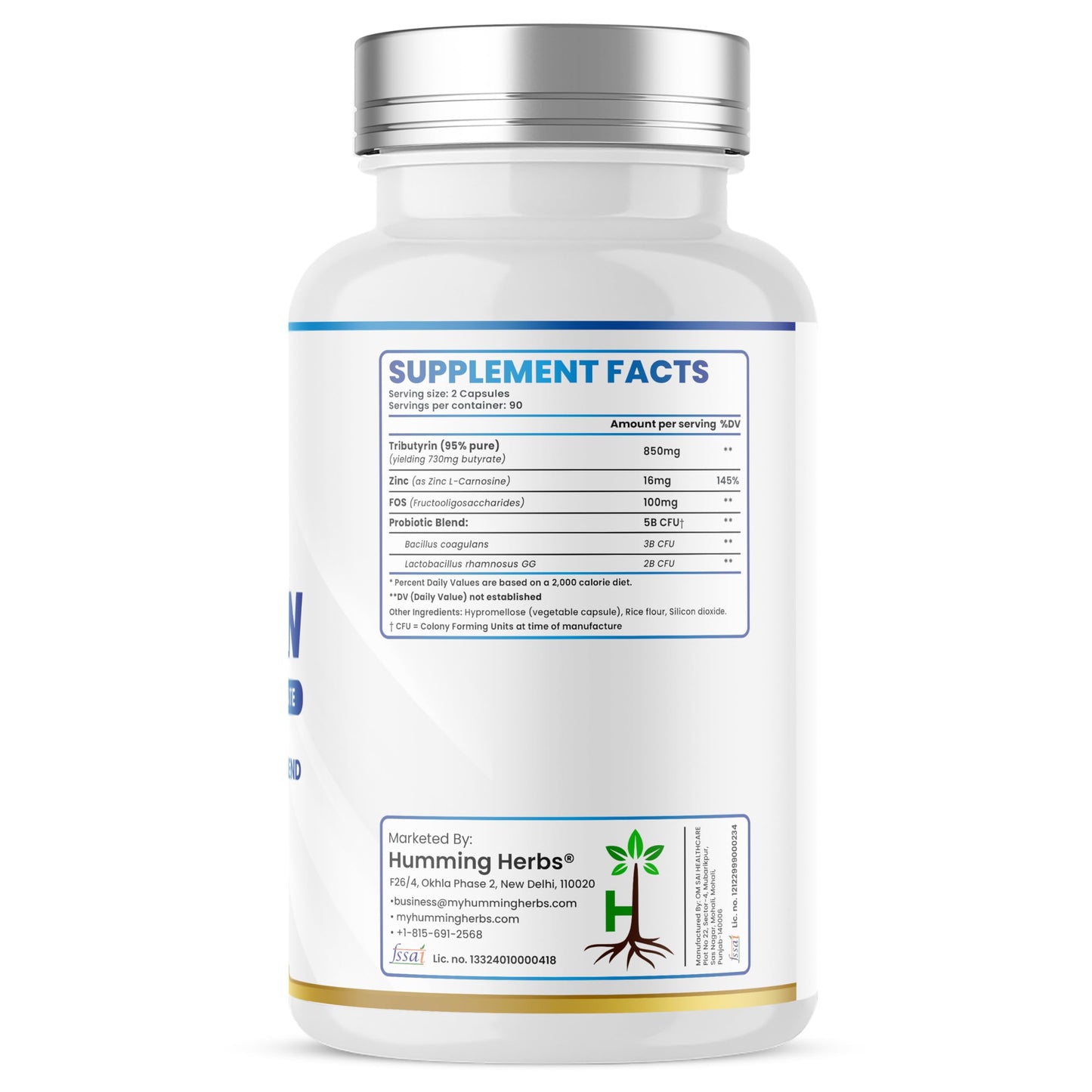 Humming Herbs Tributyrin Complex — 850 mg per Serving (95% Pure, yielding 731 mg Butyrate) with L-Glutamine, Zinc L-Carnosine, FOS & Probiotic Blend (180) Humming HerbsBuy Supplements Australia