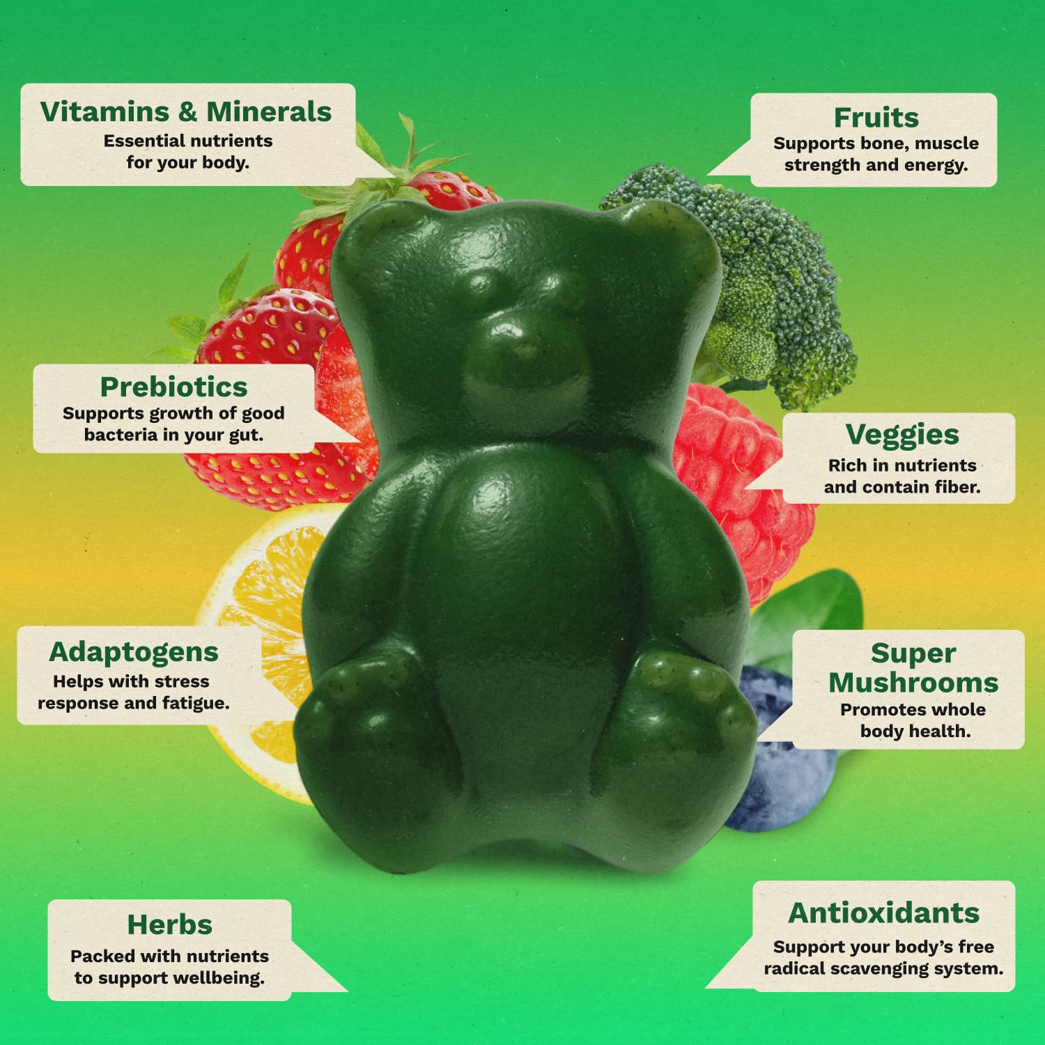 Gruns Sugar-Free Super Greens Gummies, Multivitamin Superfood Gummy Bears, Spirulina, Chlorella, Prebiotics & Fiber gummies for Digestive Health, Adaptogens Supplement, 20 Vitamins & Minerals, 10 pack GrünsBuy Supplements Australia