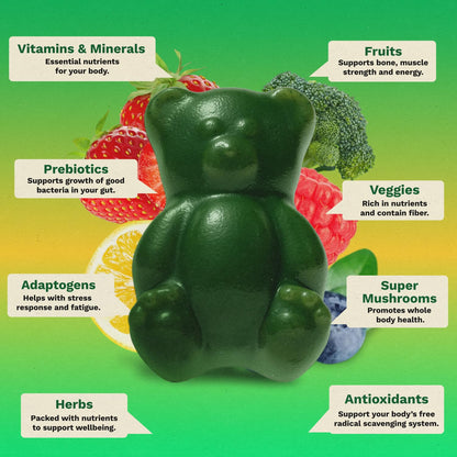 Gruns Sugar-Free Super Greens Gummies, Multivitamin Superfood Gummy Bears, Spirulina, Chlorella, Prebiotics & Fiber gummies for Digestive Health, Adaptogens Supplement, 20 Vitamins & Minerals, 10 pack GrünsBuy Supplements Australia