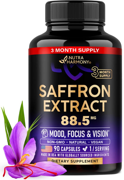 Natural Saffron Supplements - Pure Saffron Extract 88.5 mg - Made in USA - Mood | Focus | Vision | Energy Support - Eye Health for Women & Men - NonGMO Vegan Pills - 90 Powder Capsules, 3 Month Supply NUTRAHARMONYBuy Supplements Australia