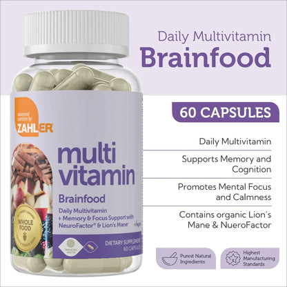 Zahler - Multivitamin Brain Supplement (60 Count) Kosher Brainfood Capsules for Adults with Neuro Factor & Lion's Mane Zahler