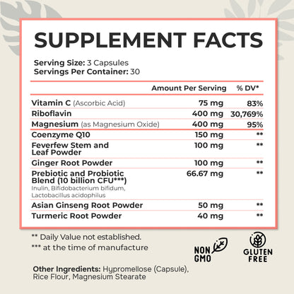 Dr. Munnerlyn MigraPro with Probiotics, Brain and Gut Health Support Supplement with Magnesium, Riboflavin, CoQ10, Ginger Root, Asian Ginseng, Vitamin C, Feverfew & Turmeric, Gluten Free, 90 Capsules Dr. MunnerlynBuy Supplements Australia