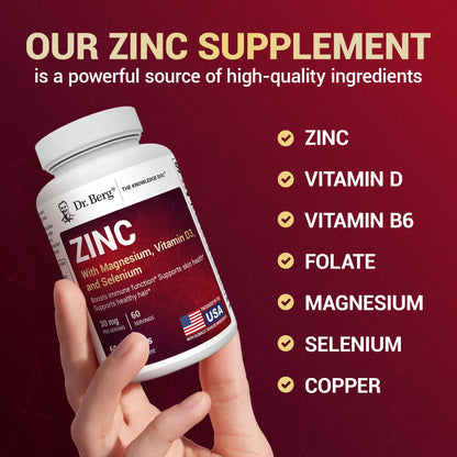 Dr. Berg Zinc 30mg Enhanced with Magnesium, Vitamin D3, Selenium, & Copper - Zinc Supplements for Men & Women - Chelated Zinc for Immune, Skin