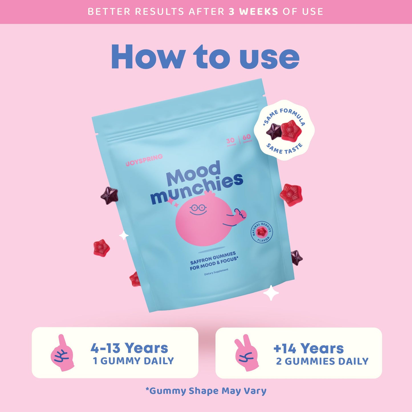 JoySpring Mood Munchies Saffron Gummies for Kids 4+ | Saffron Extract Supplement with GABA, Passion Flower & St Johns Wort | Sugar Free Vegan Brain Support