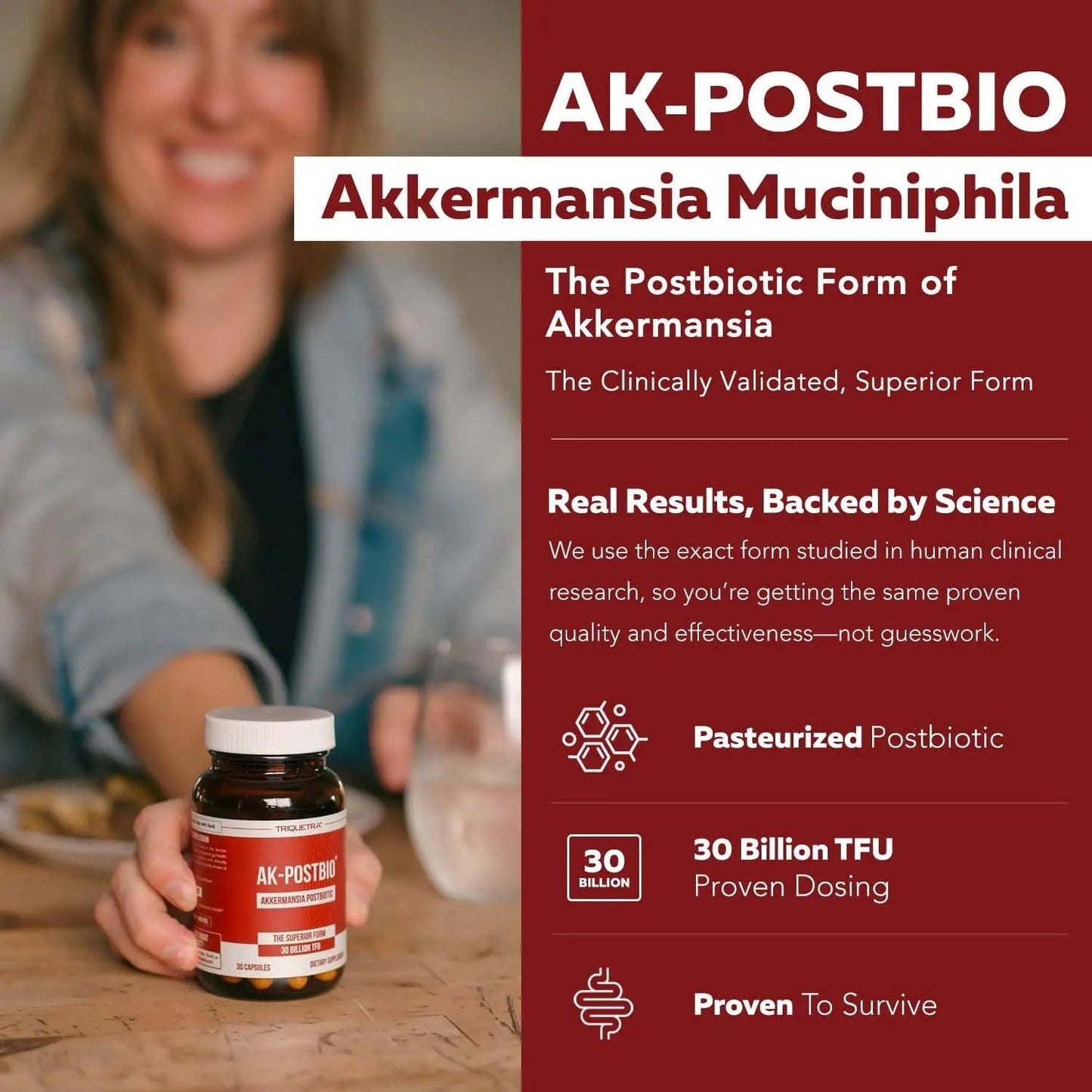 AK-Postbio: Akkermansia Probiotic 30 Billion TFU - Max Strength, Clinically Validated Dose & Patented Strain - Superior Pasteurized Form, Highest Absorption, Delivery - GLP-1 Probiotic - 30 Servings Triquetra HealthBuy Supplements Australia