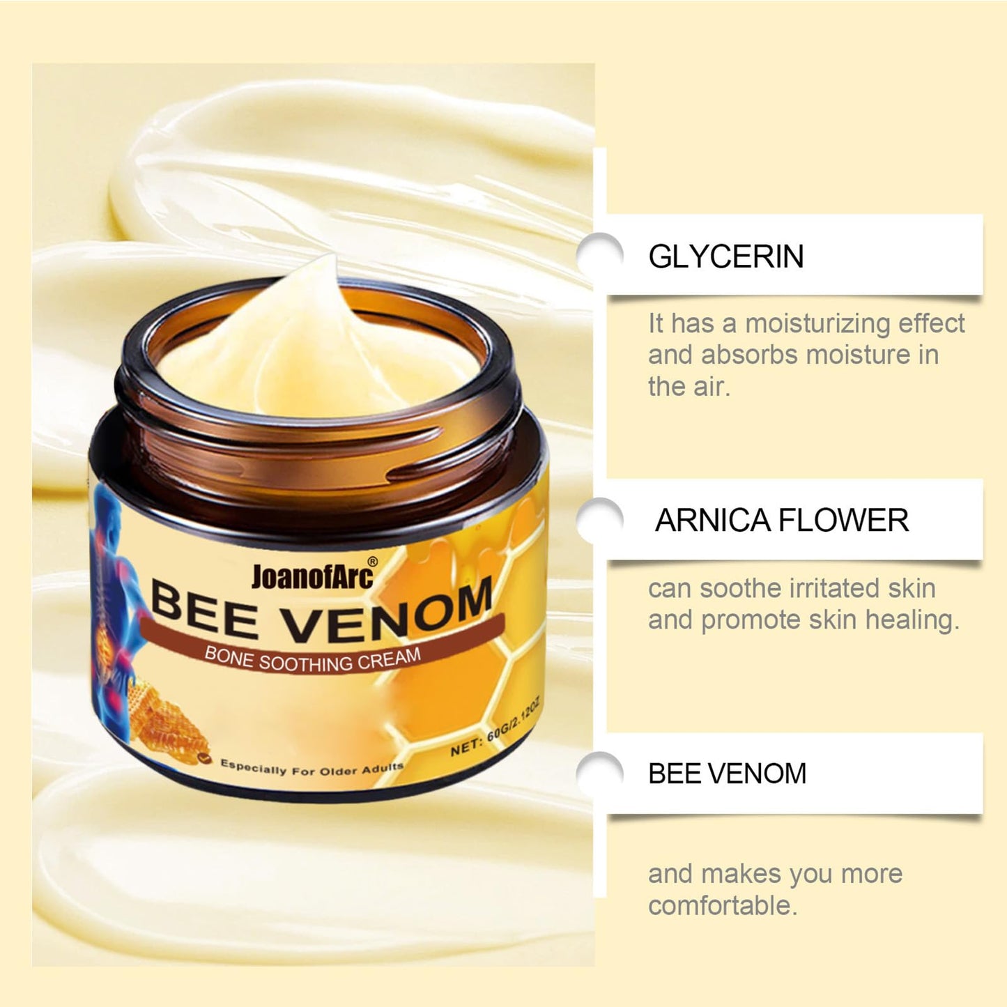 Bee Venom Joint Cream, Natural Bee Venom Skin Cream, Bee Venom Advanced Joint & Bone Cream, Suitable for Everyday Back, Waist, Neck, Hands, Knees, Light Non-Sticky for Men Women Aldult - 2.11 Oz/60g JoanofArcBuy Supplements Australia