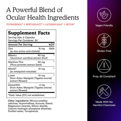 MitoQ +Eye – Eye Health Supplement with Lutein & Zeaxanthin (5:1 Ratio), Bilberry, Maritime Pine Bark, Zinc, Mitoquinol | Supports Macular Health, Visual Clarity & Blue Light Defense MitoQBuy Supplements Australia