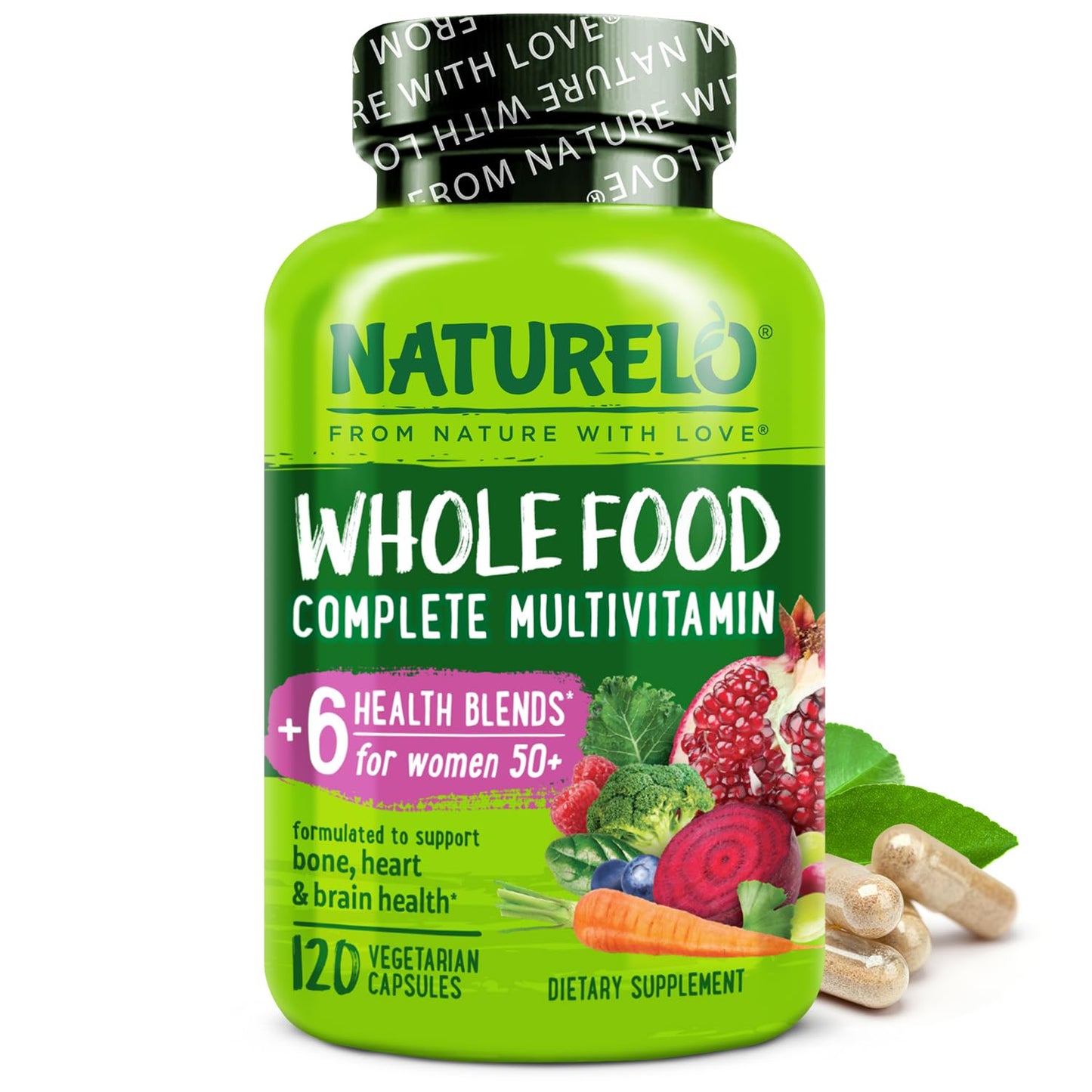 NATURELO Whole Food Multivitamin for Women 50+ (Iron Free) with Vitamins, Minerals, & Organic Extracts - Supplement for Post Menopausal Women Over 50