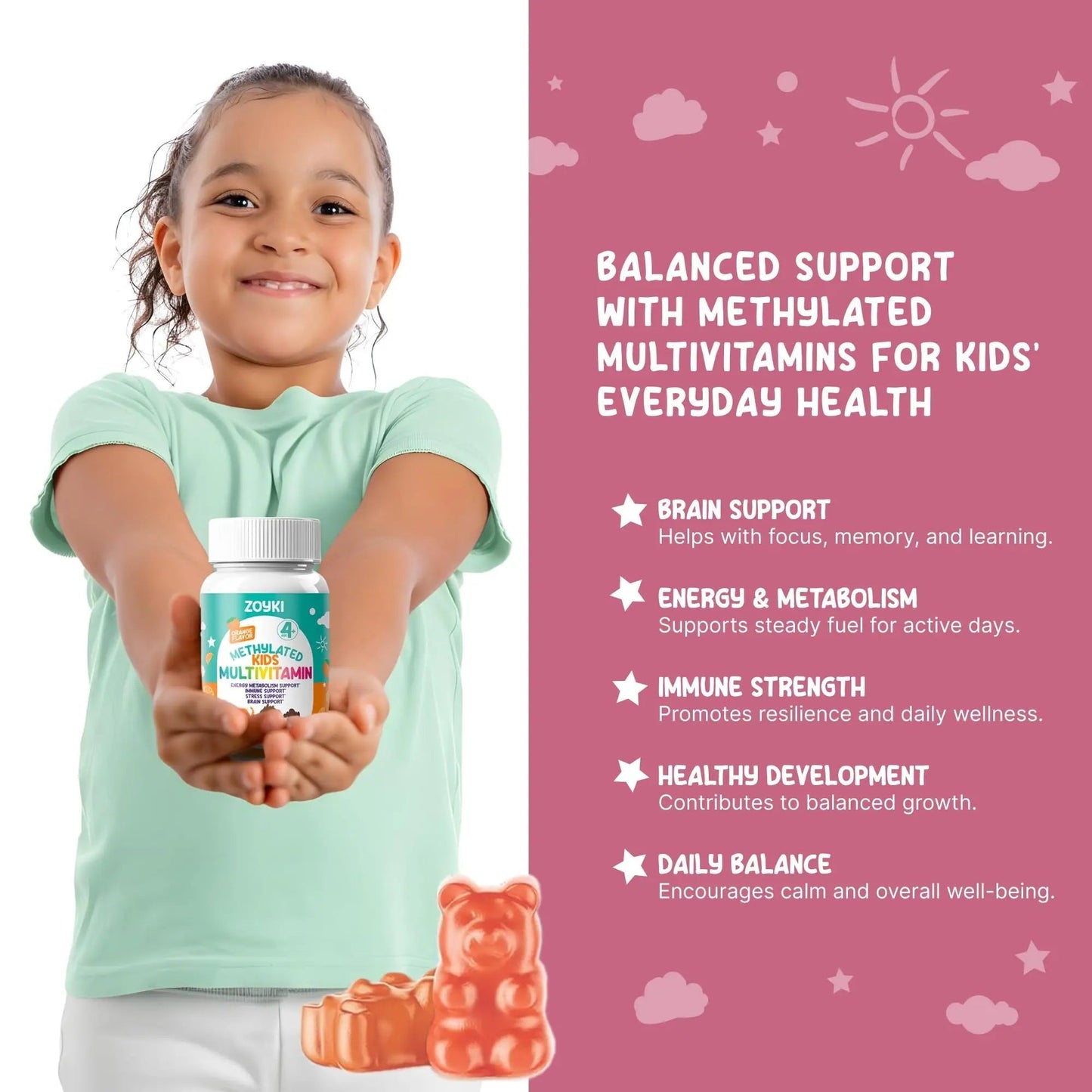 Zoyki Methylated Multivitamin Gummies for Kids - Children’s MTHFR Support Supplement with B Complex 5-MTHF Folate (L-Methylfolate) Zoyki