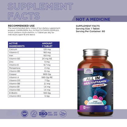 CAMRUSEPA All in Multivitamin Complex – Daily Tablet with Calcium, Iron, Zinc, Vitamin C, B Complex, D3, E, A & More – Complete Daily Nutritional Support for Adults CamrusepaBuy Supplements Australia