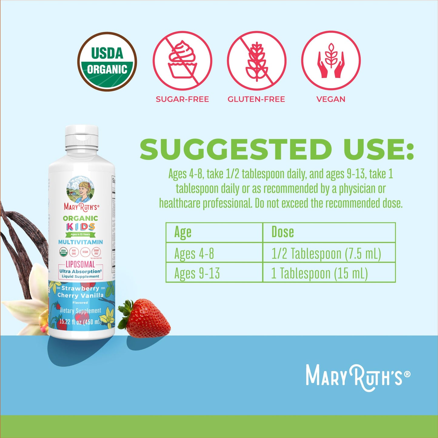 MaryRuth Organics Kids Multivitamin Liposomal | Vegan, Sugar-Free Vitamins for Kids | Ages 4+ | 2 Month Supply | 15.22 Fl Oz MaryRuth OrganicsBuy Supplements Australia
