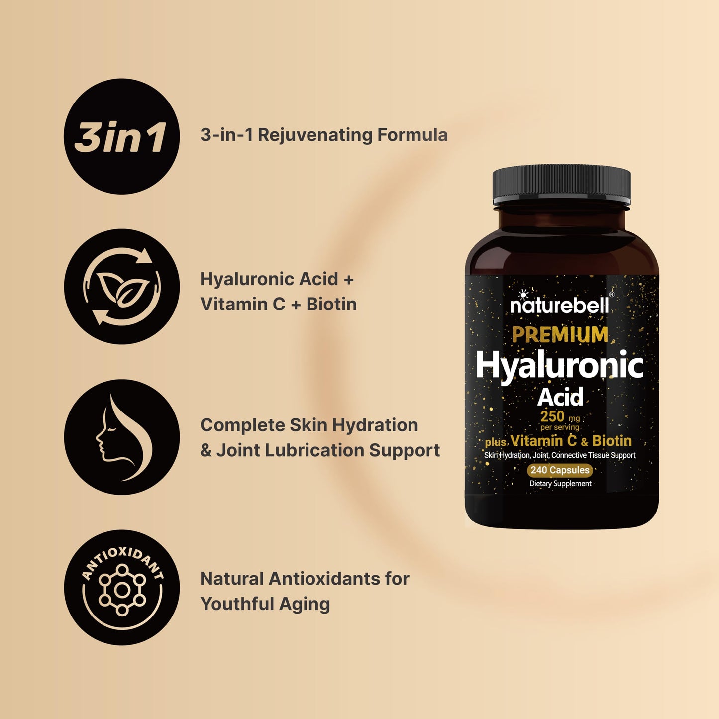NatureBell Hyaluronic Acid Supplements 250mg | 240 Capsules, with Biotin 5000mcg NatureBellBuy Supplements Australia