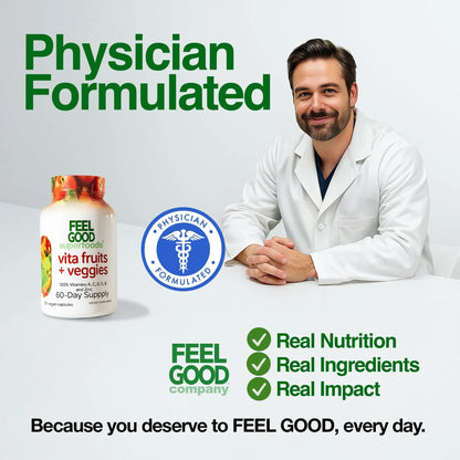 FeelGood Superfoods Vita Fruits and Veggies Capsules - 25 Superfood Ingredients, Fruit and Vegetable Multivitamin, 60 Count FeelGood Superfoods