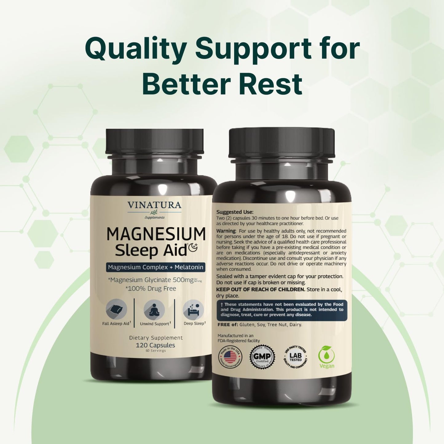 Magnesium Sleep Aid - Magnesium Glycinate Complex for Sleep with Melatonin Supplement - Glycinate 500mg, L-Theanine - 120 Capsules VINATURABuy Supplements Australia