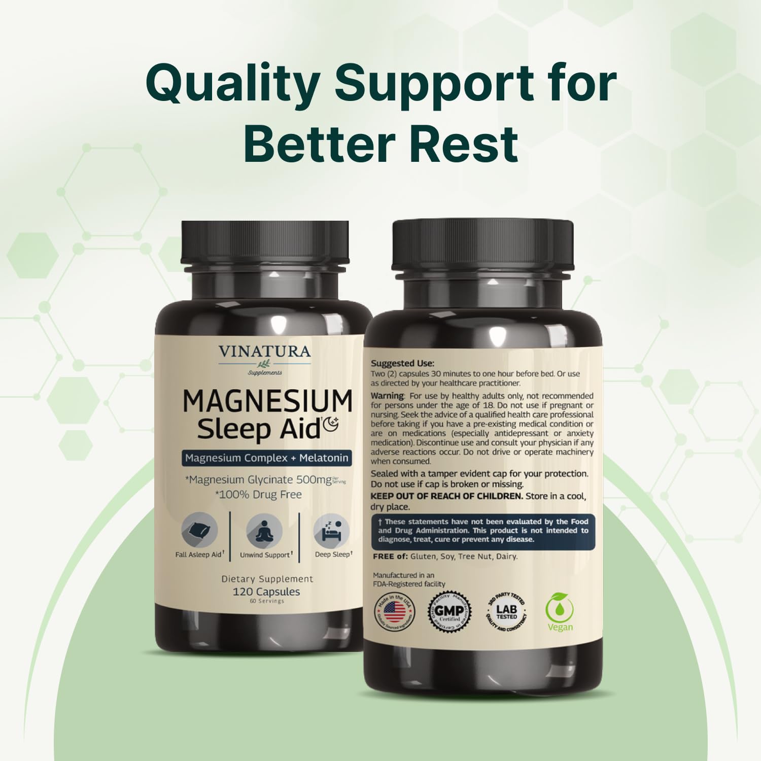 Magnesium Sleep Aid - Magnesium Glycinate Complex for Sleep with Melatonin Supplement - Glycinate 500mg, L-Theanine - 120 Capsules VINATURABuy Supplements Australia