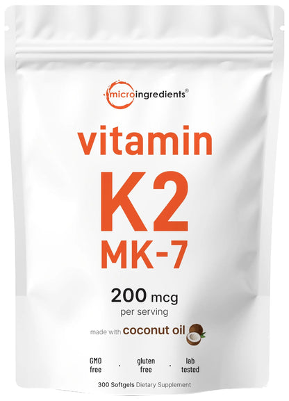 Micro Ingredients Vitamin K2 MK-7 Supplement, 200 mcg Per Serving, 300 Coconut Oil Softgles | Easily Absorbed, Active Menaquinone Form | Micro IngredientsBuy Supplements Australia