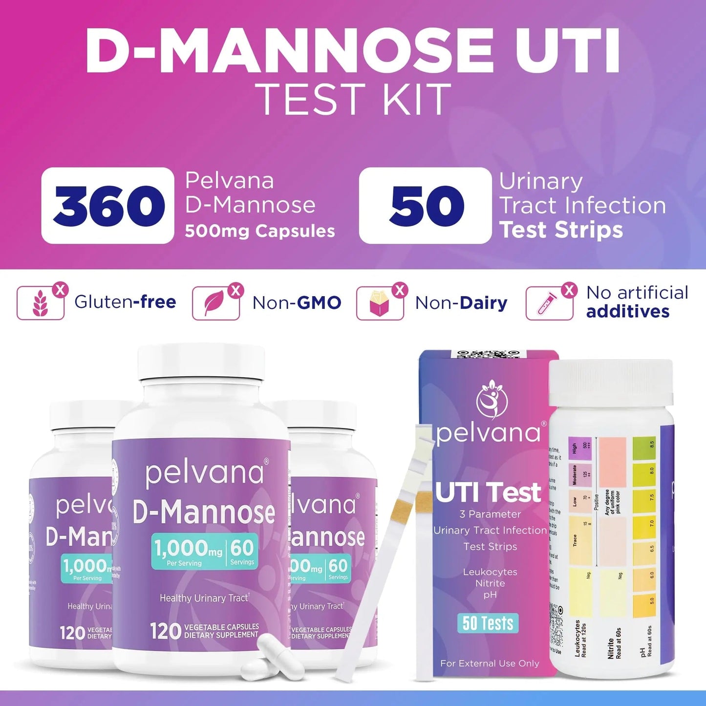Pelvana D-Mannose UTI Kit for Women – UTI Test Strips & D-Mannose Supplement, At-Home Testing, Maintains Healthy Urinary Tract Balance, Flushes Impurities – 3 Bottles (120 Capsules) + 50 Test Strips PelvanaBuy Supplements Australia
