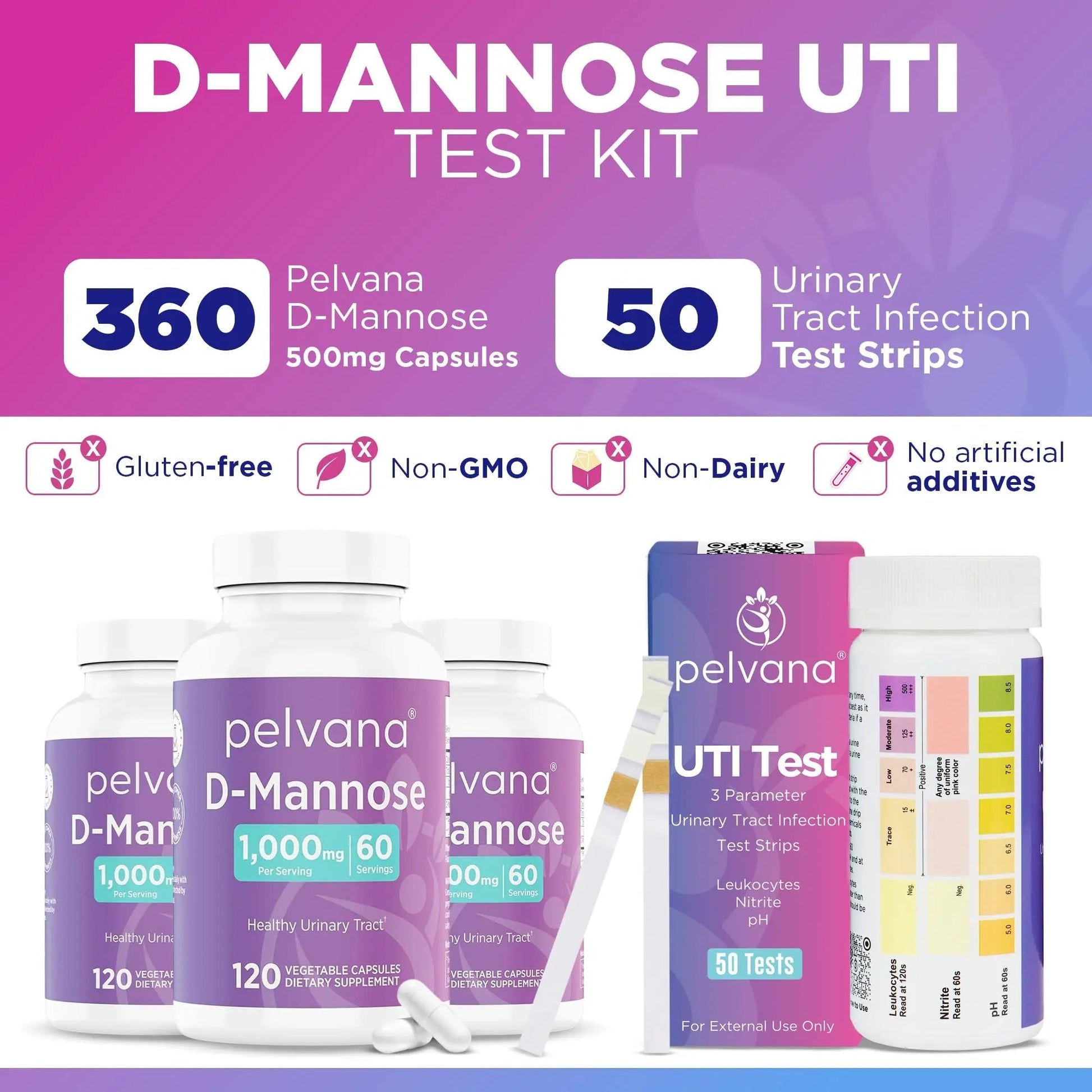 Pelvana D-Mannose UTI Kit for Women – UTI Test Strips & D-Mannose Supplement, At-Home Testing, Maintains Healthy Urinary Tract Balance, Flushes Impurities – 3 Bottles (120 Capsules) + 50 Test Strips PelvanaBuy Supplements Australia