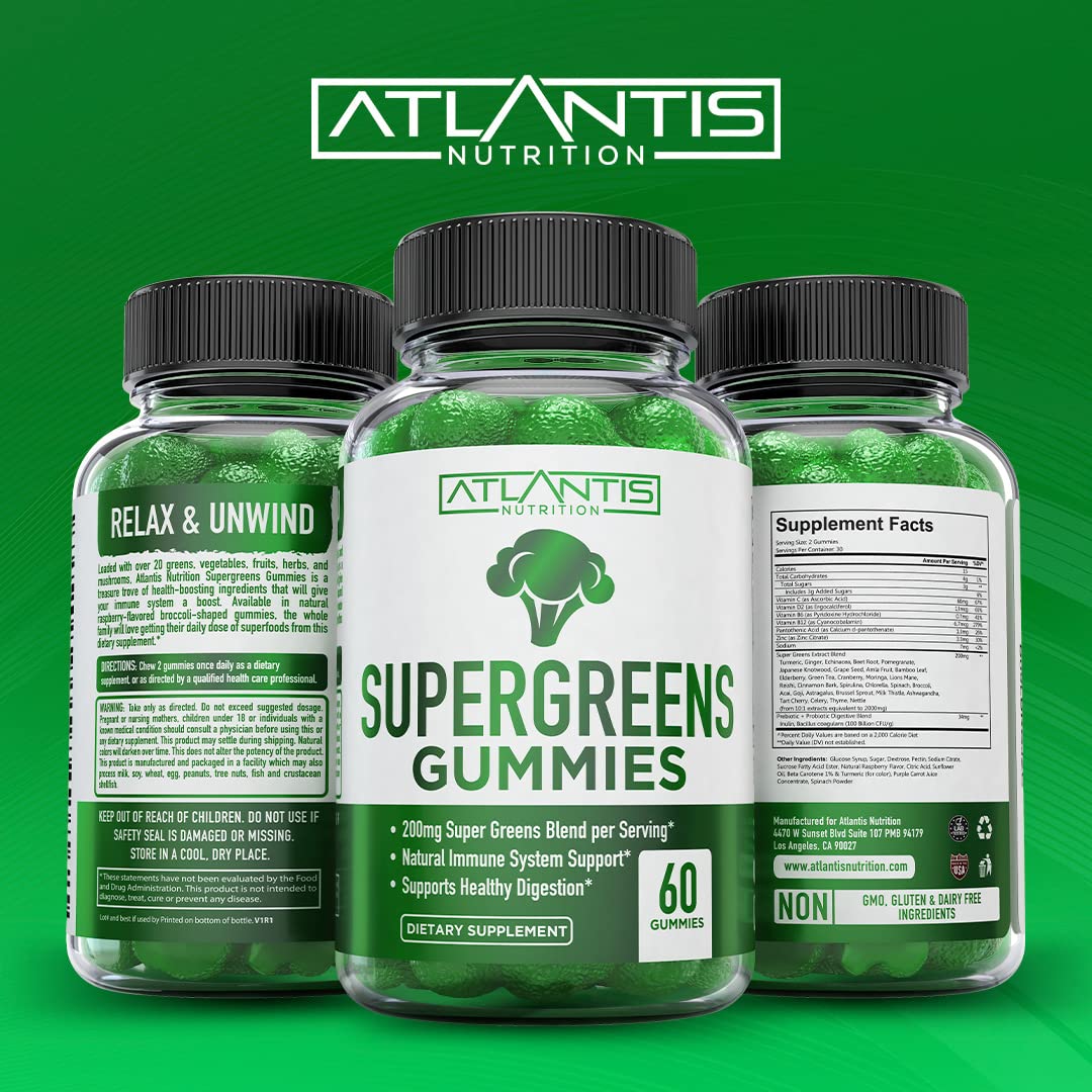 Atlantis Nutrition Supergreens Gummies - Daily Green Superfoods Supplement with Spinach, Broccoli, Moringa, Beet Root, Celery, Green Tea, & Acai for Immunity Support - Natural Raspberry Flavor, 60 cnt Atlantis NutritionBuy Supplements Australia