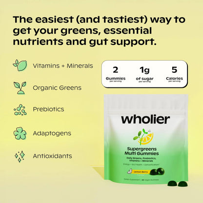 wholier Supergreens Multi Gummies, Daily Greens with Prebiotics, Fiber, Adaptogens, Plant-Based Multivitamin with 9 Essential Vitamins wholierBuy Supplements Australia