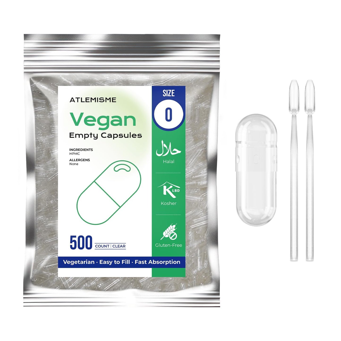 ATLEMISME Empty Vegan Capsules Size 0, 500-Count DIY Vegetable Capsules for Filling | Includes 2 Micro Lab Spoons ATLEMISMEBuy Supplements Australia