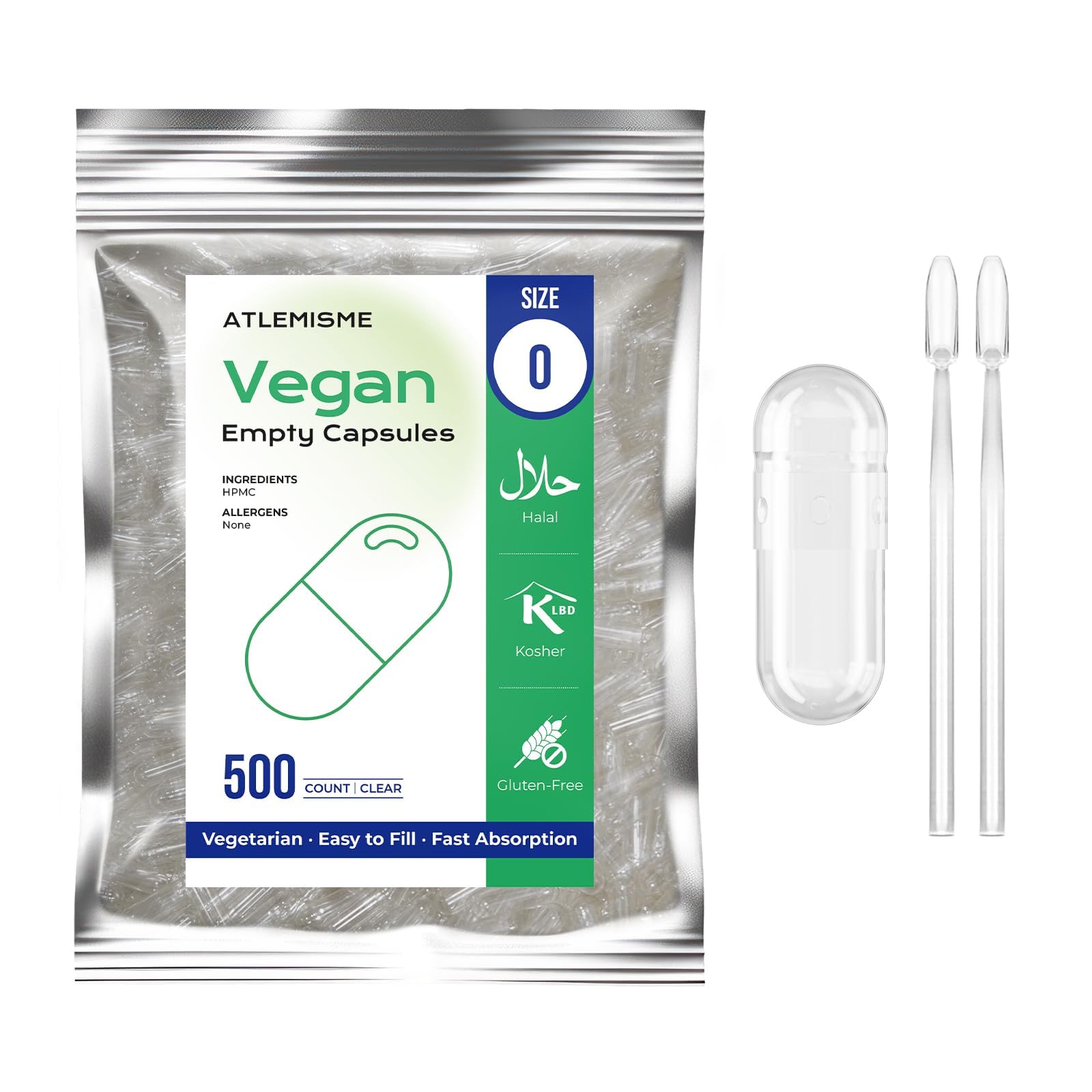 ATLEMISME Empty Vegan Capsules Size 0, 500-Count DIY Vegetable Capsules for Filling | Includes 2 Micro Lab Spoons ATLEMISMEBuy Supplements Australia