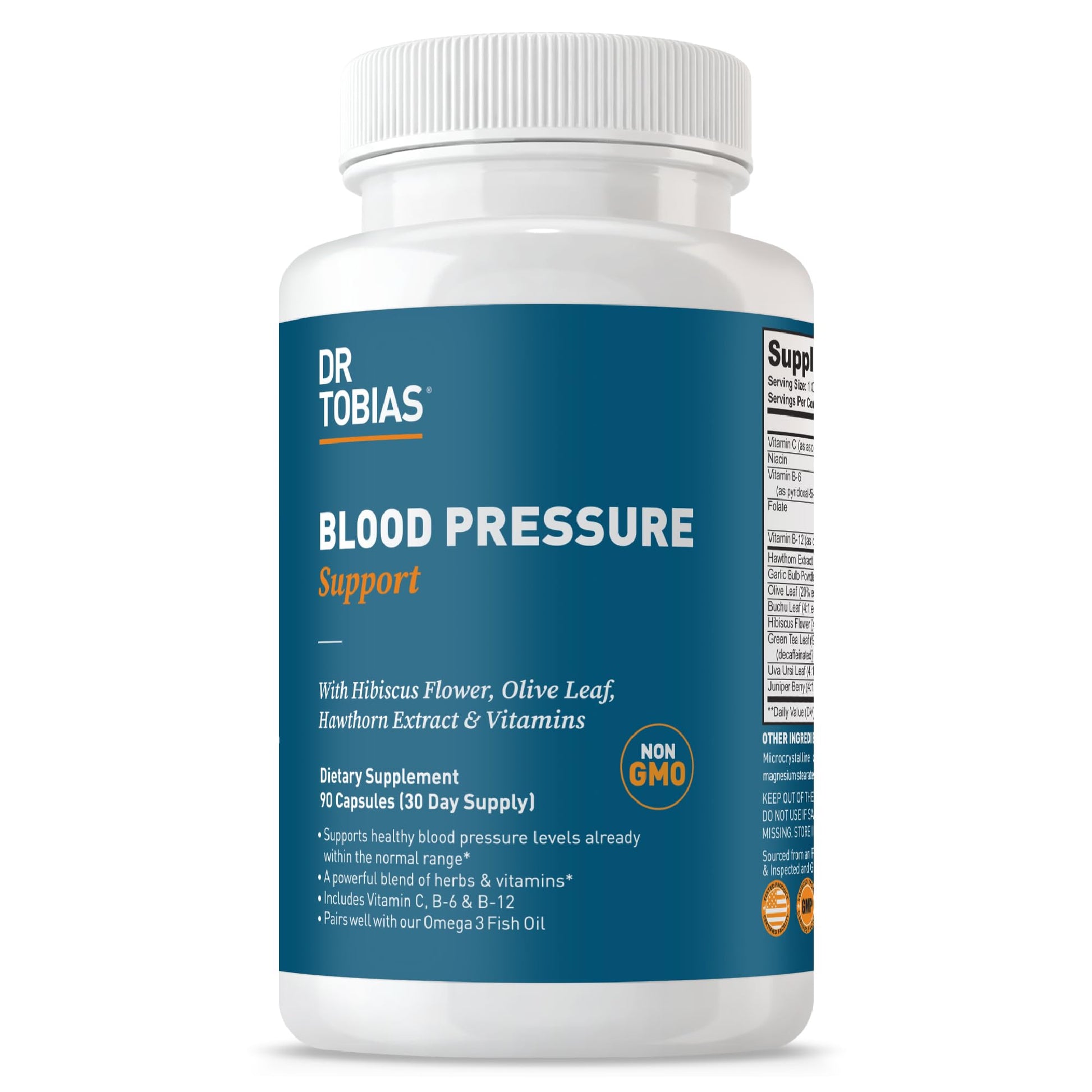 Dr. Tobias Blood Pressure Support Supplement with Hawthorn, Hibiscus Flower, Olive Leaf & Garlic, Supports Normal Circulatory Health with Vitamins C, B6, B12, Niacin, Folate & Herbs, 90 Capsules Dr. TobiasBuy Supplements Australia