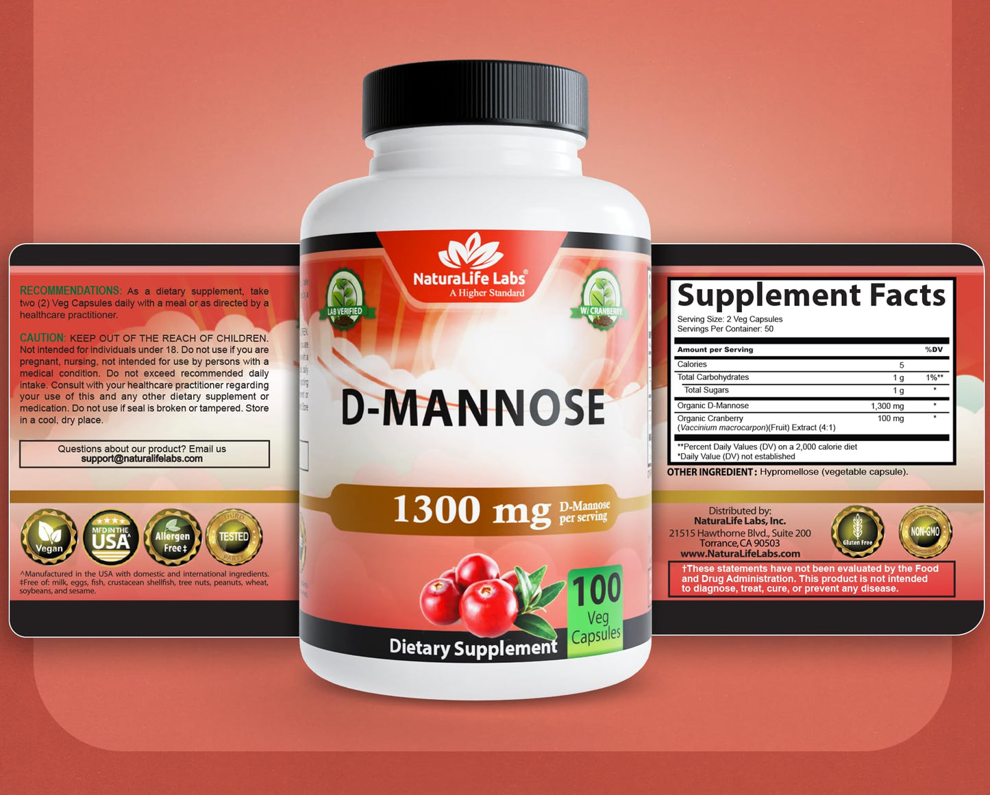 NaturaLife Labs Organic D-Mannose 1300 mg with Organic Cranberry Extract 100 mg per Serving – 100 Capsules – Non-GMO, Gluten-Free, Vegan NaturaLife LabsBuy Supplements Australia