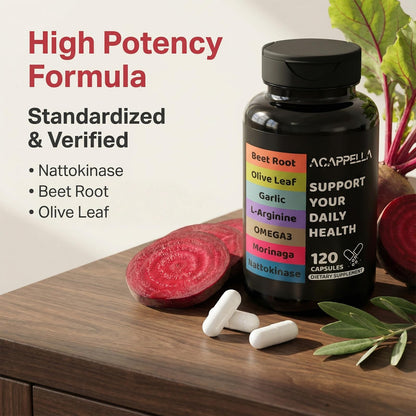 ACAPPELLA Moringa Capsules with Beet Root Capsule Olive Leaf Garlic L-Arginine Omega 3 Nattokinase Supplement - 120 Count ACAPPELLABuy Supplements Australia