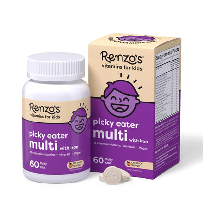 Renzo's Picky Eater Kids Multivitamin with Iron, Dissolving Kids Vitamins with Vitamin D3 and K2 and More, 60 Sugar-Free Melty Tabs Renzo'sBuy Supplements Australia