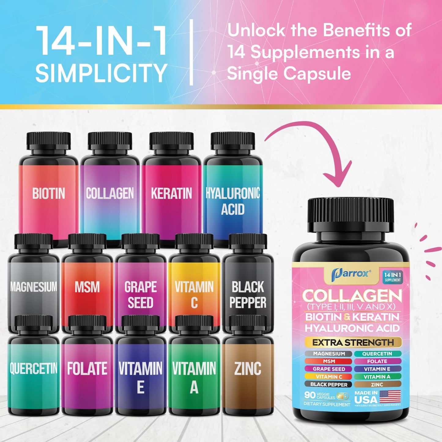 Parrox Collagen Peptides Types I, II, III, V & X, MCG Biotin, Keratin, Hyaluronic Acid, MSM, Zinc, Grape Seed Extract, Quercetin, Vitamin A, Vitamin C,