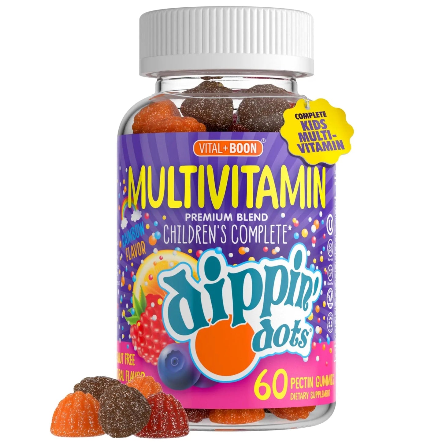 Dippin' Dots - Multivitamin Gummies for Kids Rainbow Fruit Flavor Complete Multivitamin Chewy Gummies Vitamin A, B, C, D3, E, B6, Zinc - 60 Count Vital+Boon