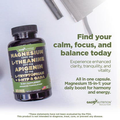 Gade Nutrition Magnesium Glycinate & Magneisum Supplements with Apigenin, L Theanine 200 mg, 5 HTP, GABA Calm Brain Booster Supplement Sleep Aid Ashwagandha L Tryptophan Chamomile GADE NUTRITION BOOST YOUR HEALTHBuy Supplements Australia