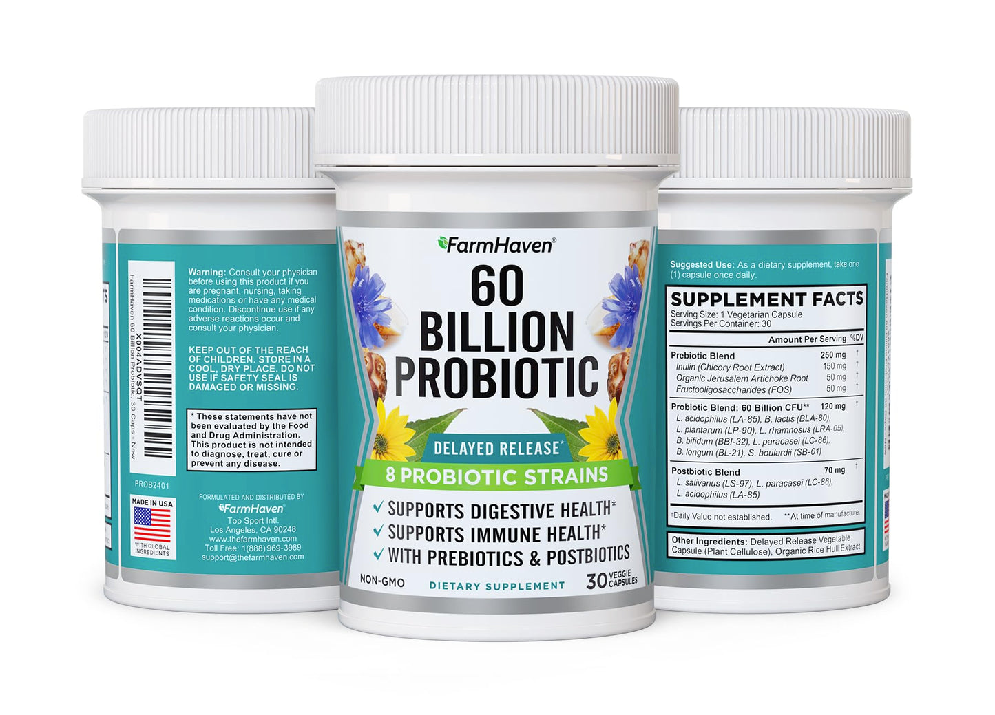 FarmHaven 60 Billion CFU Probiotic - 8 Probiotic Strains - Prebiotics & Postbiotics - Supports Digestive & Immune Health - Delayed Release - Shelf Stable -