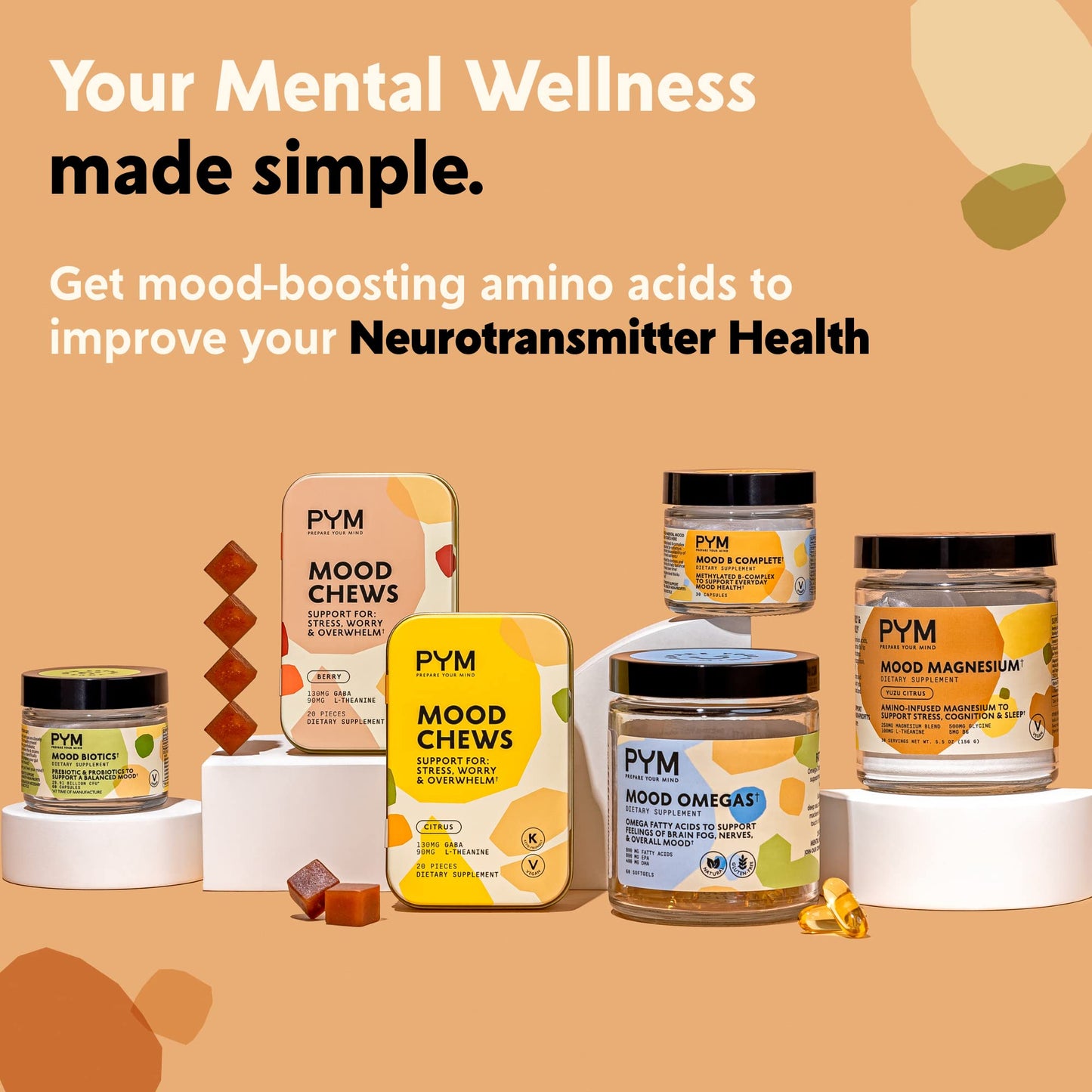 PYM Citrus Mood Chews Support for Stress, Worry & Overwhelm, 120 Count | 130mg GABA, 90mg L-Theanine | Vegan, Non-GMO, Gluten-Free, No Added Sugar | All-Natural Mood Balance Supplement Made in USA PYM HealthBuy Supplements Australia