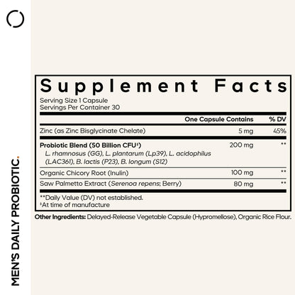 Codeage Men’s Daily Probiotic Supplement - 50 Billion CFU Probiotic Blend with Zinc, Inulin Prebiotic, Saw Palmetto – Men’s Wellness Support – 1 Capsule Per Serving - Non-GMO – 30 Capsules CodeageBuy Supplements Australia