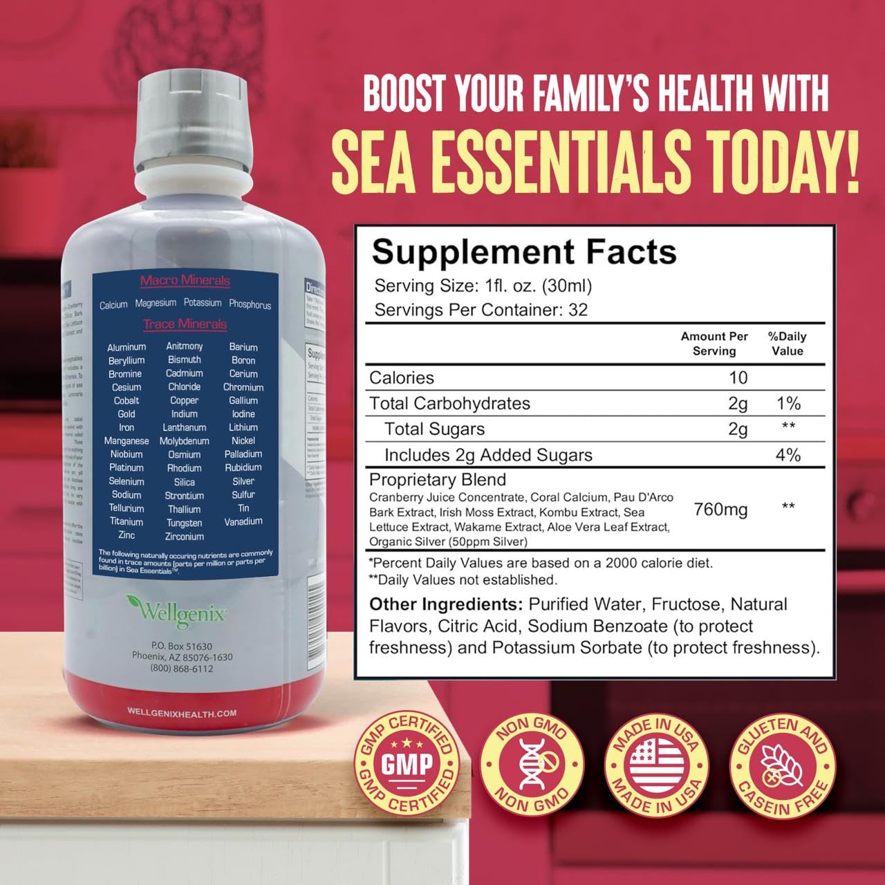Wellgenix Sea Essentials Liquid Mineral Dietary Supplement with Trace and Macro Minerals and Coral Calcium – Sea Berry Flavor – 32 fl oz WellgenixBuy Supplements Australia