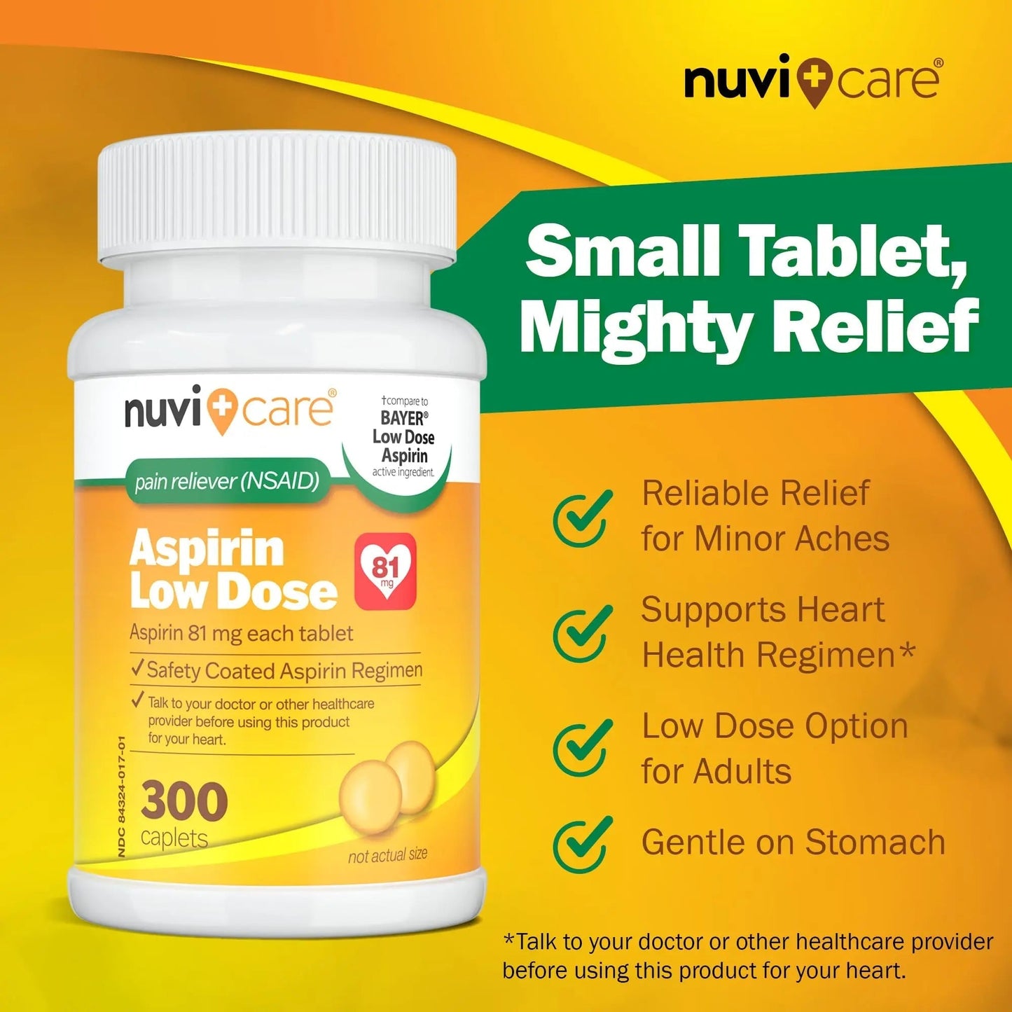 NUVICARE Low Dose Aspirin 81mg for Adults Coated Caplets - Compare to Active Ingredient in Low Dose Bayer Aspirin for Adults - Safety Coated (300 Count) NUVICAREBuy Supplements Australia